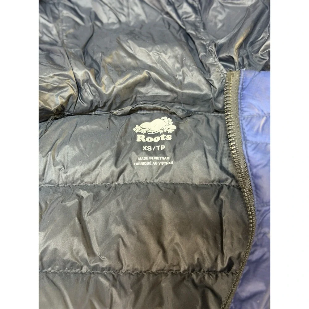 Roots Canada Womens Blue 700 Fill Down Puffer Coat Sz XS Warm Cozy Full Zip Hood